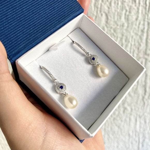 Vintage Style 925S Zirconia And Real Freshwater Drop Pearl Dangle Hook Earrings - Picture 12 of 12